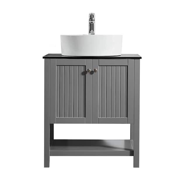 ROSWELL Modena 28 in. W x 18 in. D Vanity in Grey with Glass Vanity Top in Black with White Basin