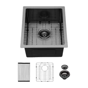15 in. Undermount Singel Bowl 16-Gauge Gunmetal Black Stainless Steel Kitchen Sink with Steel Dish Grid and Drain