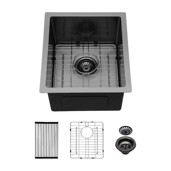 15 in. Undermount Singel Bowl 16-Gauge Gunmetal Black Stainless Steel Kitchen Sink with Steel Dish Grid and Drain