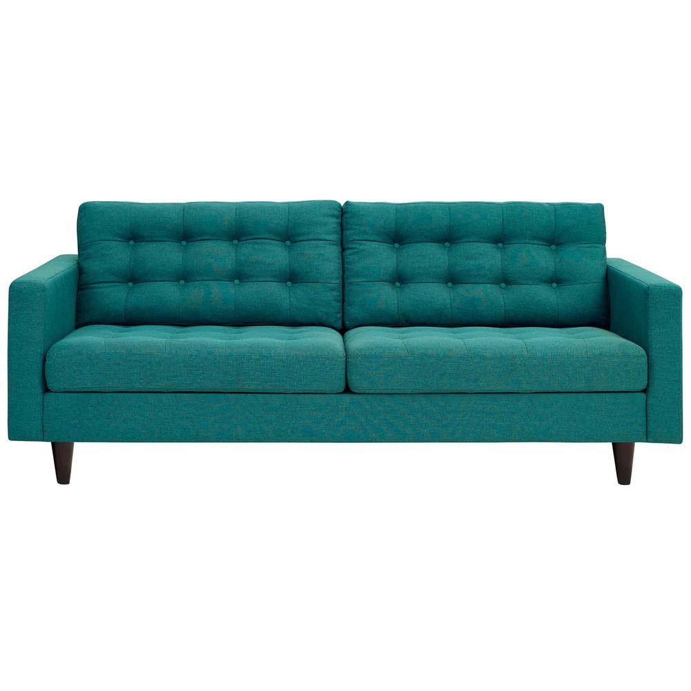 Teal Tufted Fabric Sofa with Solid Wood Legs