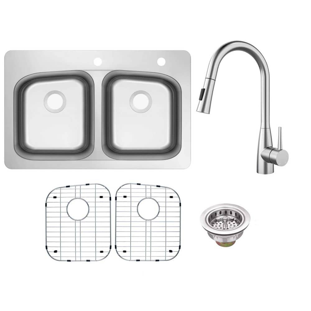 33 in. Drop-In/Undermount 50/50 Double Bowl Stainless Steel 18 Gauge Kitchen Sink with Pull Out Sprayer Kitchen Faucet price history on PriceWatchPro