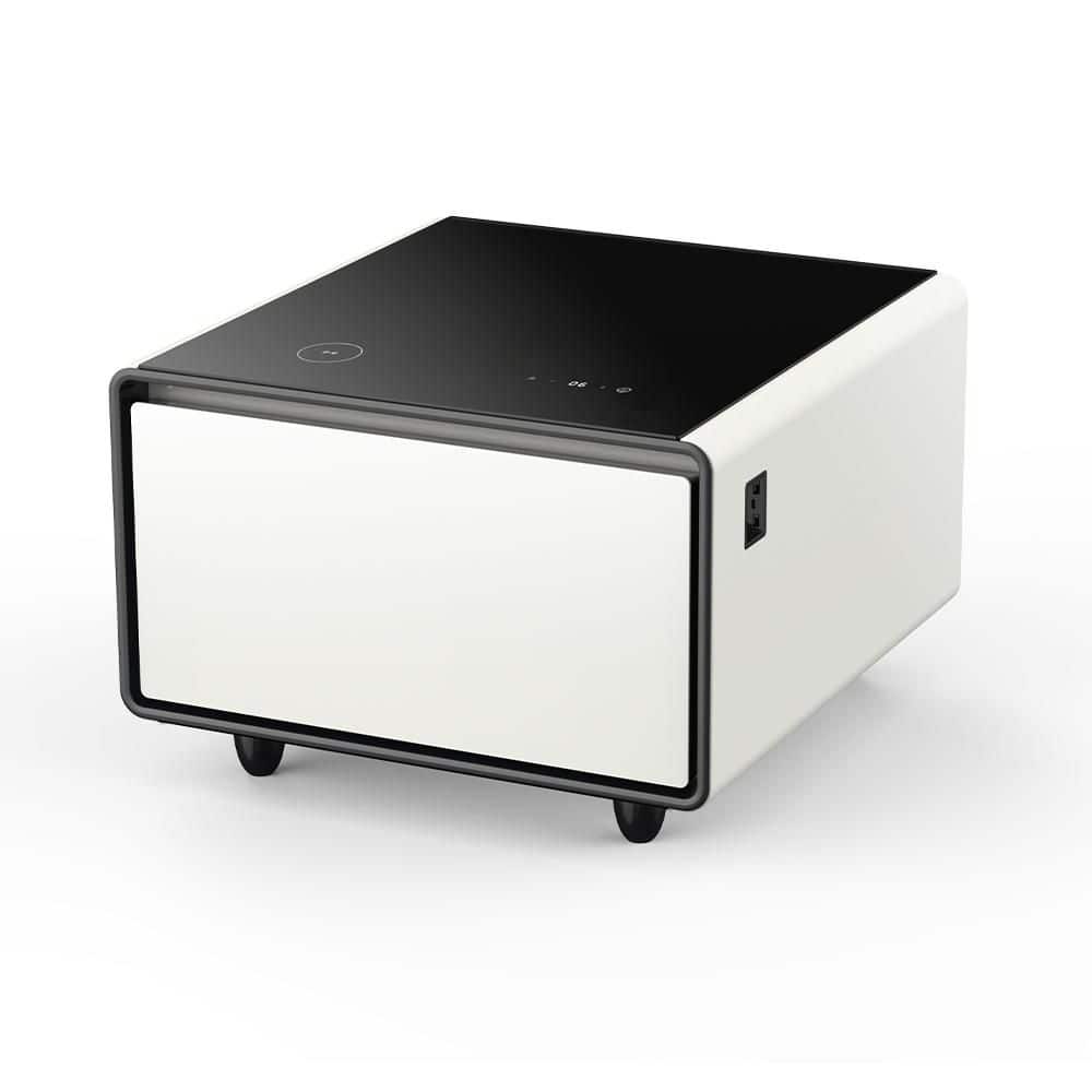 White Plastic Smart Side Table Coffee Table with Built-In Fridge, Wireless 