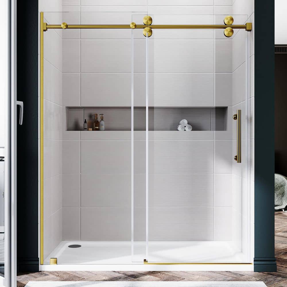 UKS04 56 to 60 in. W x 72 in. H U-Channel Sliding Frameless Shower Door in Satin Brass, EnduroShield 3/8 in. Clear Glass price history on PriceWatchPro
