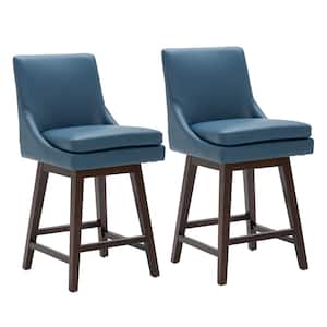 Fiona 26.8 in. Dark Blue High Back Solid Wood Frame Swivel Counter Height Bar Stool with Faux Leather Seat(Set of 2)