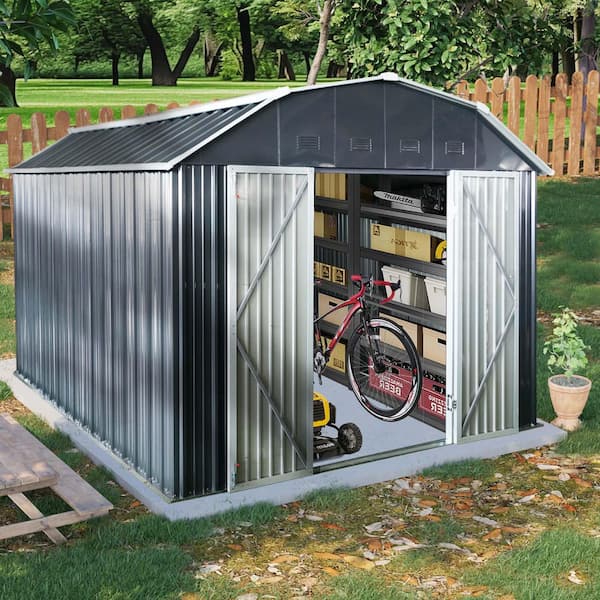10 ft. W x 12 ft. D Outdoor Metal Storage Shed Tool House, Arch Roof, Lockable Doors Patio Yard Lawn Black (115 sq. ft.)