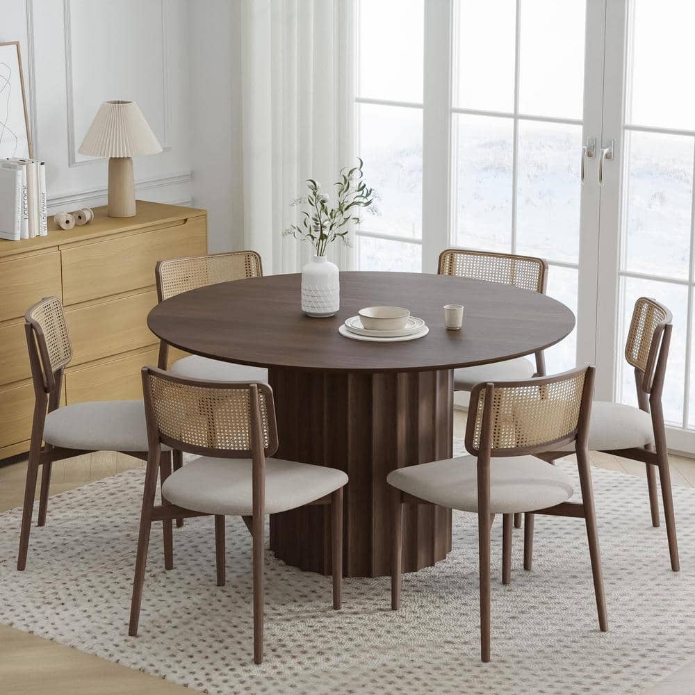 Dovelina 52 in. Wood Walnut Color Column Pedestal Round Kitchen Table ...