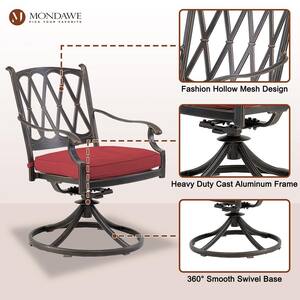 3-Piece Cast Aluminum Outdoor Dining Set Round Tile-Top Table Diamond-Mesh Backrest Swivel Chairs with Red Cushions