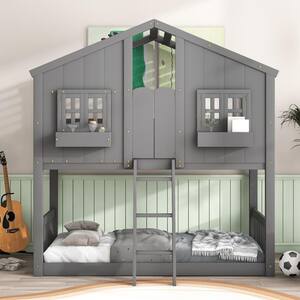 Gray Twin over Twin House Bunk Bed with Window Storage Box, Safety Guardrails and Ladder, Playhouse Bed with Roof