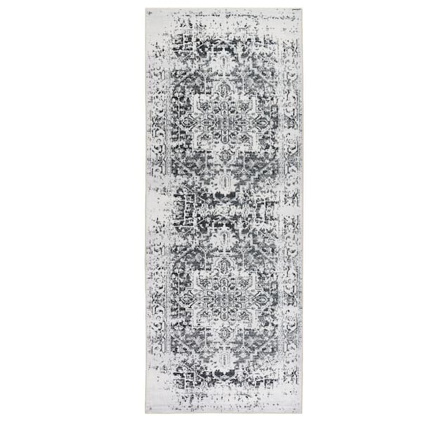 PLAYA RUG Himalayas Black Creme 2 ft. 8 in. x 8 ft. Machine Washable Modern Floral Abstract Polyester Non-Slip Backing Area Rug