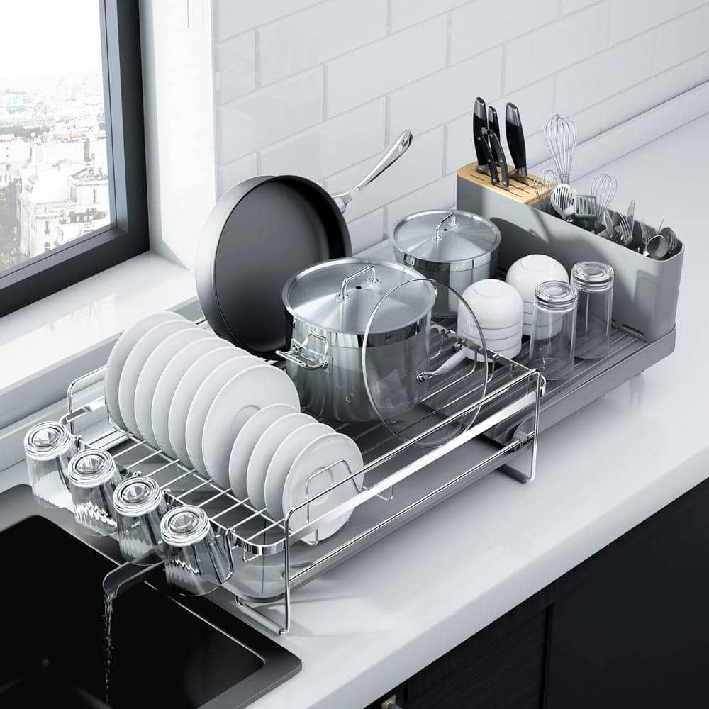 Silver Stainless Steel Expandable Dish Drying Rack with Utensil Cup