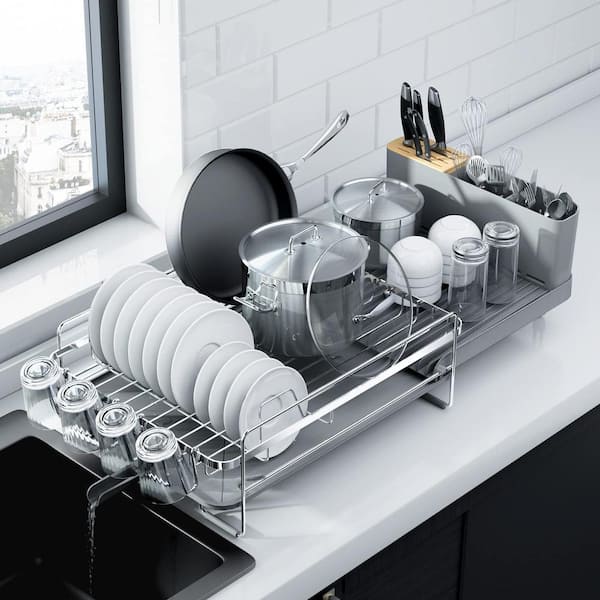 Silver 19.2 in.-26.7 in. L x 12.9 in. W Extendable Dish Rack, Anti-Rust Drying Dish Rack with Cutlery and Cup Holders