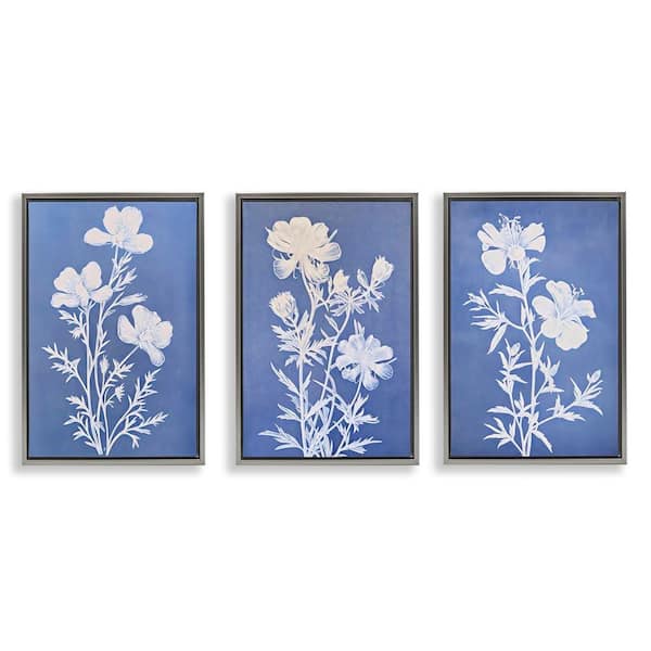 Stupell Industries Varied Cerulean Botanicals by Petal Prints Design 3 Pieces Gray Floater Frame Nature Graphic Art Print 25 in. x 17 in.