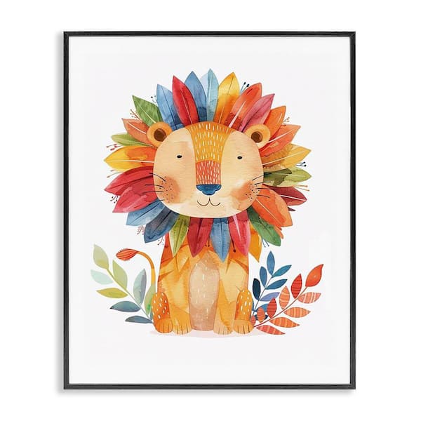 Stupell Industries Rainbow Blooms Lion by LSR Design Studio Black Framed Animal Giclee Art Print 20 in. x 16 in.