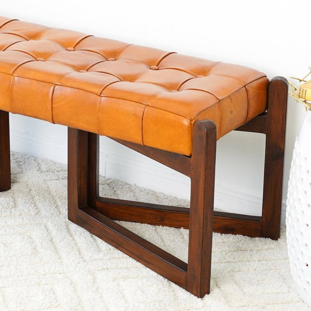 Tan Leather and Teak Wood Mid-Century Modern Bench