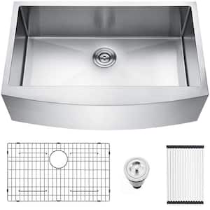 Brushed Nickel 16 Gauge Stainless Steel 33 in. Single Bowl Farmhouse Apron Kitchen Sink with Bottom Grid