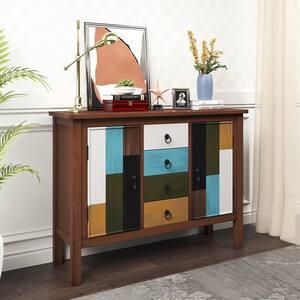Brown Board Cabinet with Four Drawers and Two Large Cabinets, Colorful design Pine Wooden Structure