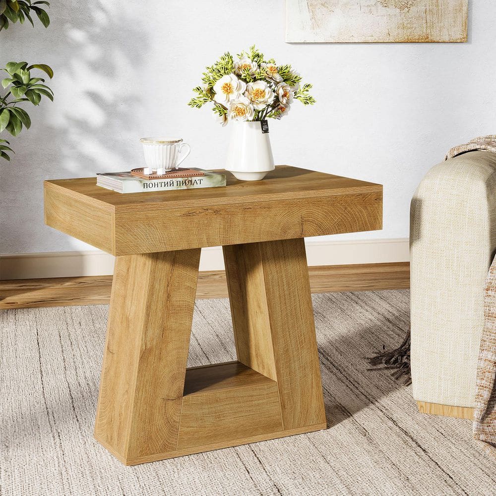 Kerlin 23.62 in. Brown Rectangular Wood 2-Tier Narrow End Table Side Table Nightstand with Trapezoid Base