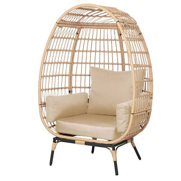 PATIOGUARDER Pato Beige Wicker Egg Chair with Removable Soft Beige Cushion