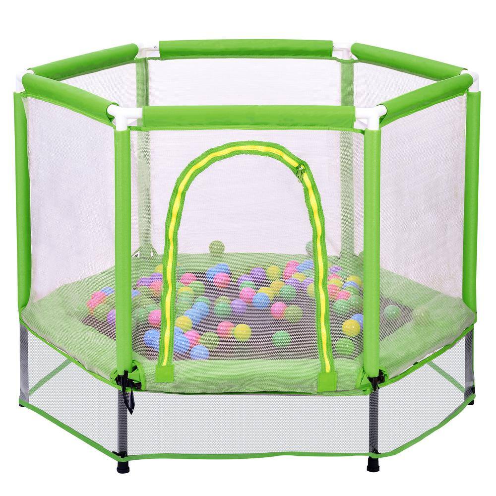 55 in. Outdoor Park Green Kids Mini Trampoline with Safety Enclosure and Ocean Balls