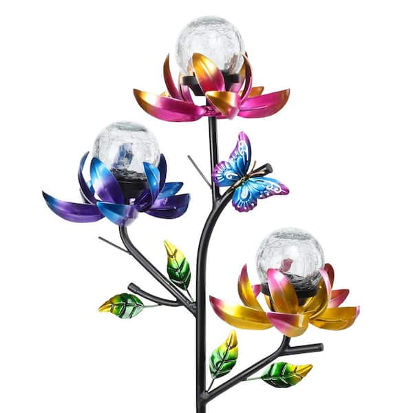 Lotus Flowers Wind Spinner Garden Stake Crackle Balls Solar Sculpture