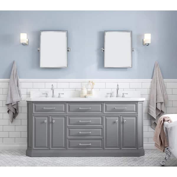 Water Creation Palace 72 in. W x 22 in. D x 34 in. H Double Sink Bath Vanity in Cashmere Grey with Carrara White Quartz Top and Faucets