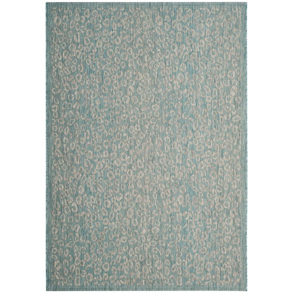 Courtyard Aqua/Gray 5 ft. x 8 ft. Border Cheetah Indoor/Outdoor Area Rug