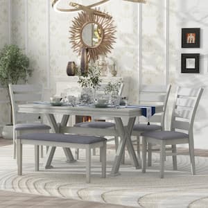 Retro 6-Piece White Wood Dining Table Set with 4 Upholstered Chairs and Bench(Seats 5-6)