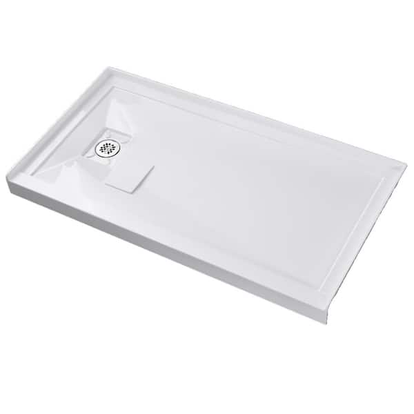 NTQ 60 in. x 32 in. Single Threshold Acrylic Shower Base Alcove Floor Shower Pan Base with Left Drain in White and Cover
