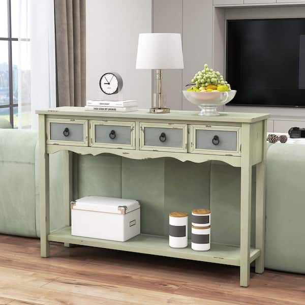 Costway 48 in. Green Rectangle Wood Farmhouse Console Table Entryway Table with 2-Drawers And Open Storage Shelf