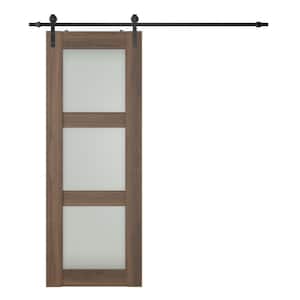 Vona 3-Lite 32 in. x 80 in. Frosted Glass Pecan Nutwood Wood Composite Sliding Barn Door with Hardware Kit