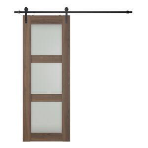 Vona 3-Lite 32 in. x 84 in. Frosted Glass Pecan Nutwood Wood Composite Sliding Barn Door with Hardware Kit
