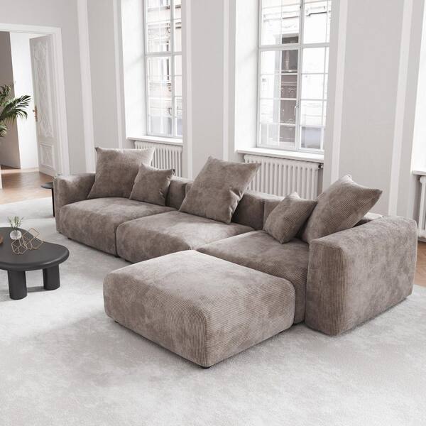 Magic Home Modern 142 in. Square Arm 4-piece Modular Corduroy Sectional Sofa Oversized Floor Couch with Removable Covers in. Brown MHSC-126BR-L3+1