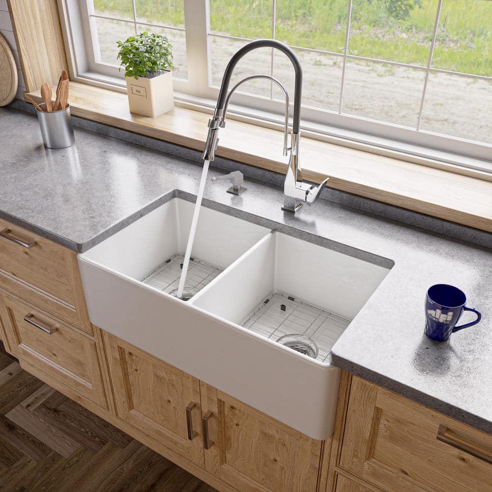 32'' White Double Bowl Fireclay Farmhouse Kitchen Sink