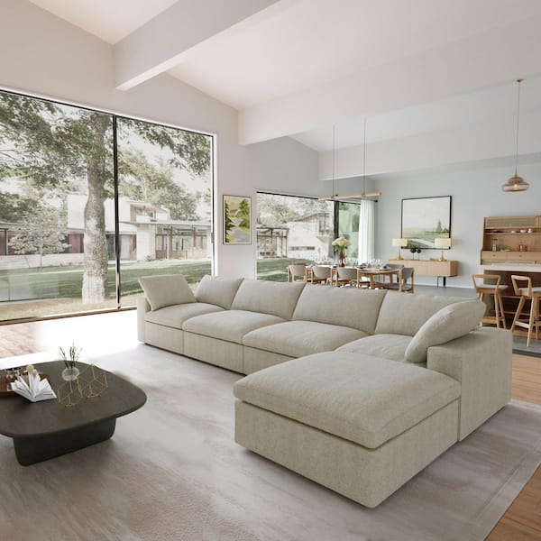 157.3 in. Square Arm 5-Piece Linen Modular Sectional Sofa with Storage Ottoman, Removable Covers in. Light Brown