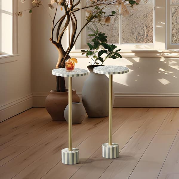 Mosaic 10 in. Resing Light Grey and White Top Round Wood Accent End Table, 2 pack