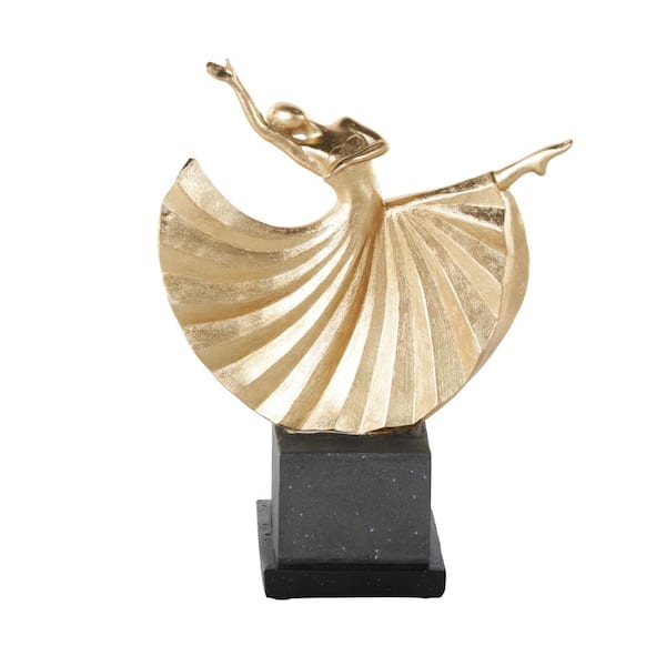Litton Lane 4 in. x 12 in. Gold Polystone Dancer Sculpture with Black Square Base