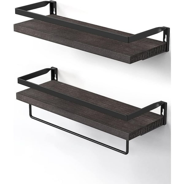 Wood Floating Shelves with Metal Hooks, Wall Mounted Coat Rack with Shelf  Set of 2, Bathroom Wall Shelf with Removable Towel Bar, Hanging Shelves  with