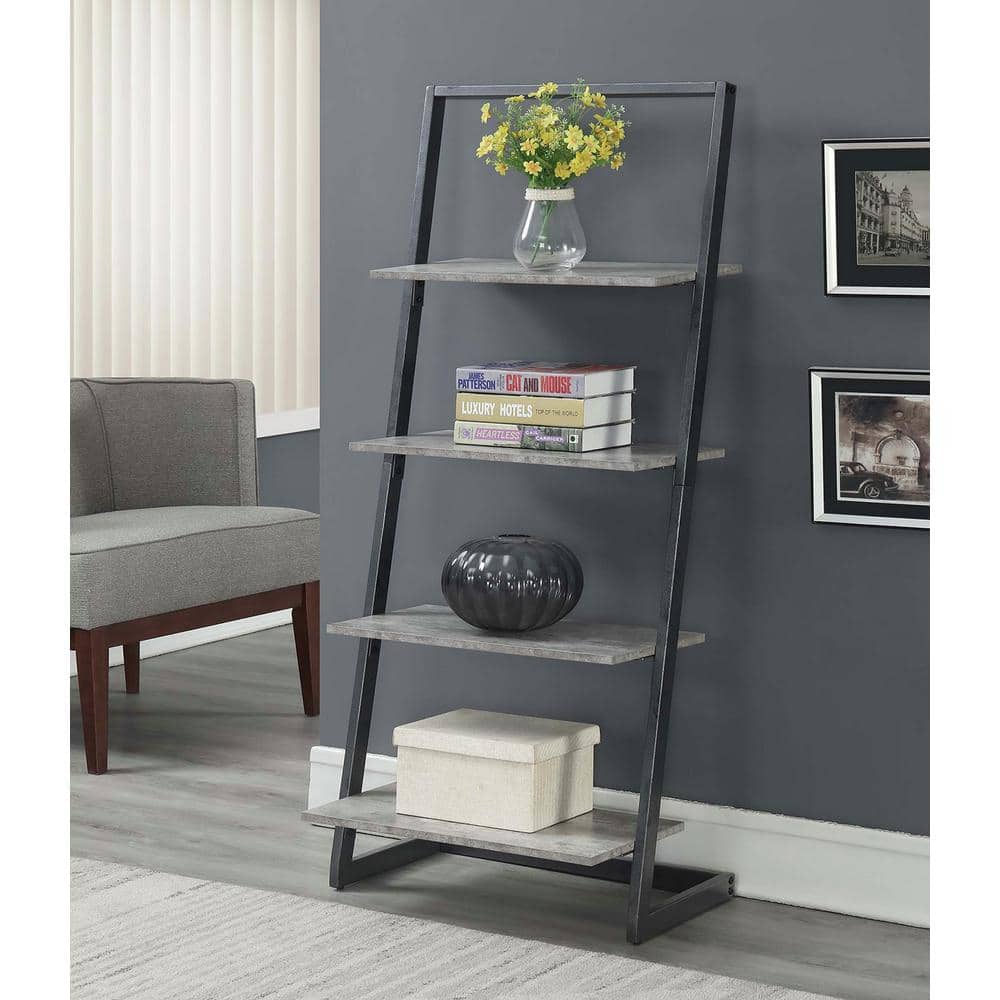 Urban Industrial Gray 4-Tier Ladder Bookcase with Metal Frame
