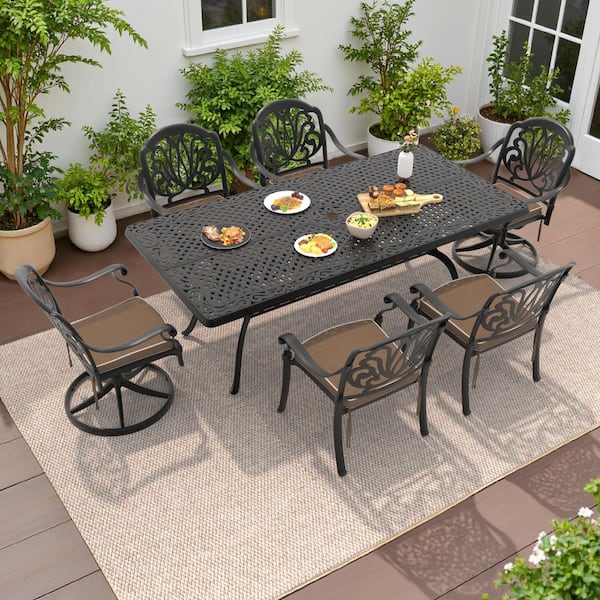 Elizabeth 7-Piece Cast Aluminum Outdoor Dining Set with Rectangular Table and Swivel Dining Chairs with Brown Cushion