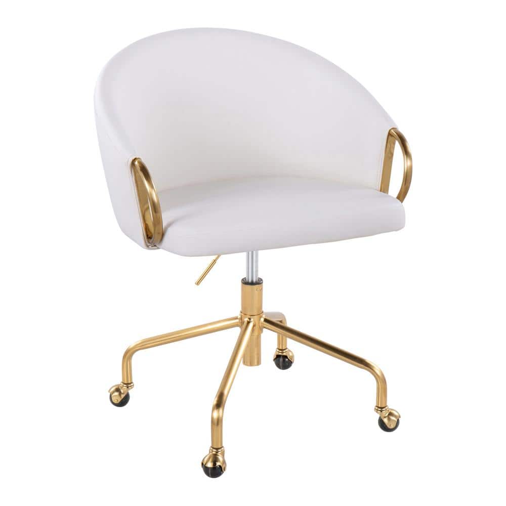 Lumisource Claire Faux Leather Adjustable Height Task Chair in White Faux Leather and Gold Metal
