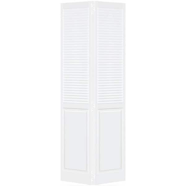 Traditional Louver-Panel 32 in. x 80 in. Solid Core White Primed Wood Bi-Fold Door with Hardware