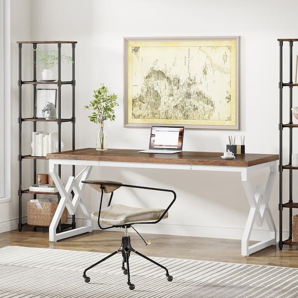 Moronia 63 in. Rectangle Brown White Wood Meeting Conference Table Business Workstation Boardroom Desk Seat 6 Industrial