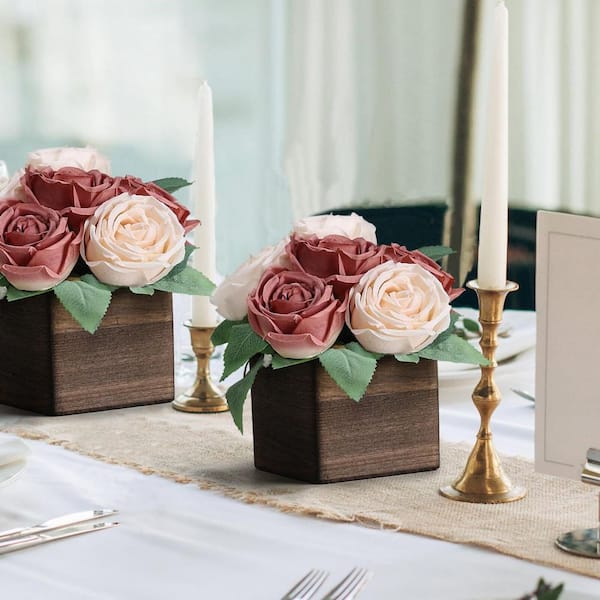 7 in. Pink Indoor Artificial Rose Flowers in Wood Vase 6 Pack