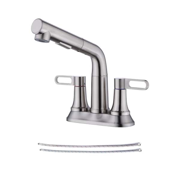 RAINLEX 4 in. Centerest Double-Handle High-Arc Bathroom Faucet with Pull Out Sprayer, Supply Line Included in Brushed Nickel
