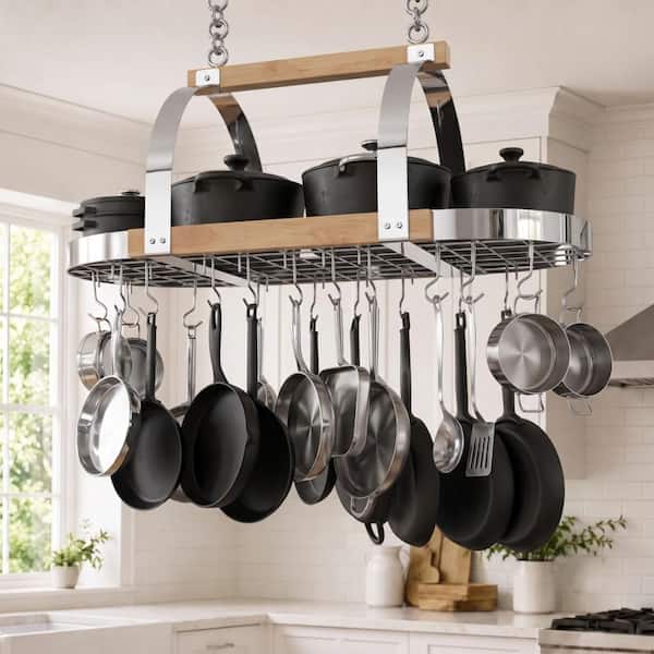 39 in. Oval Ceiling Mounted Hanging Pot Rack with Adjustable Chains, 20 Hooks, Solid Wood and Metal, Chrome