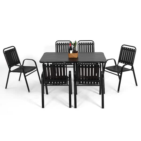 Black 7-Piece Plastic Chair and Steel Rectangular Outdoor Dining Set