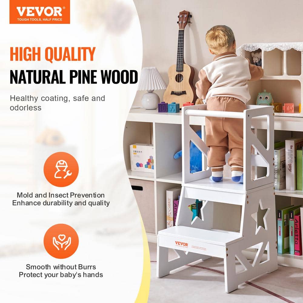 White Pine Wood Toddler Step Stool with Safety Rail