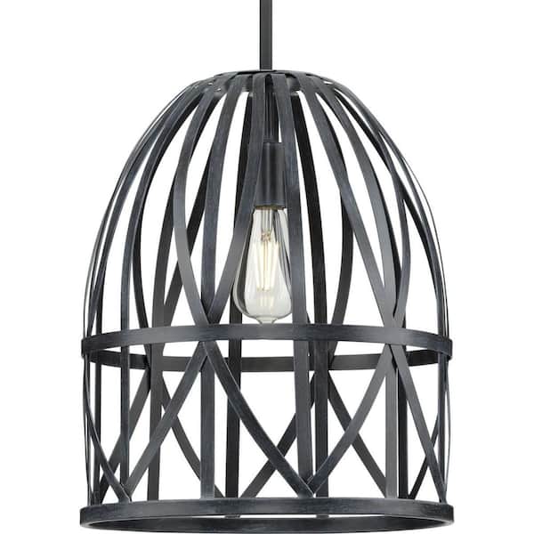 Progress Lighting Chastain Collection 1-Light Textured Black Cerused Black Oak Basket Farmhouse Pendant Light
