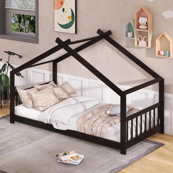 Qualler Espresso Twin Size House Bed with Semi-enclosed Space