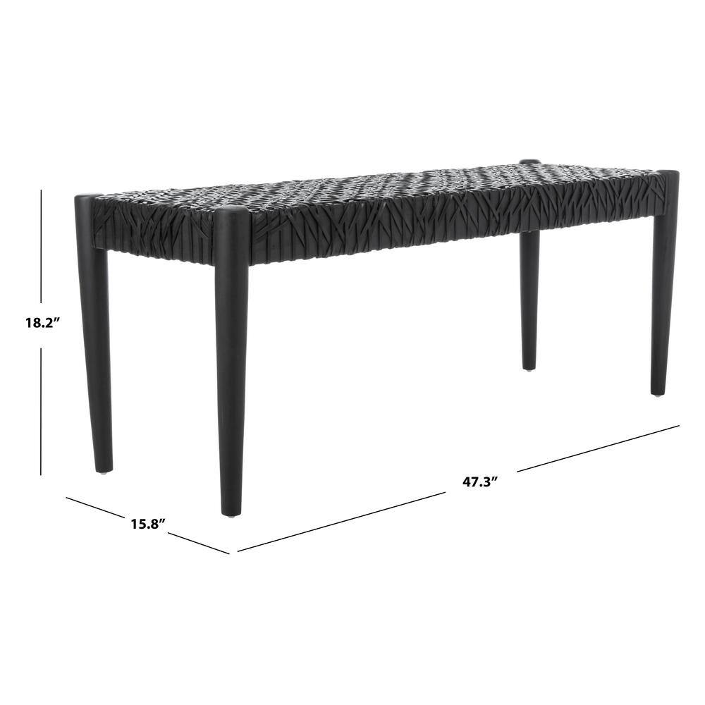 Alpine Elegance Black Cowhide Leather and Teak Bench, 47"